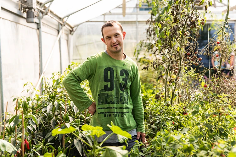 Ein junger Mann mit grünem Shirt bei der Gartenarbeit.