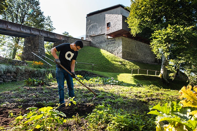 Ein junger Mann harkt im Garten von Schloss Lengberg.