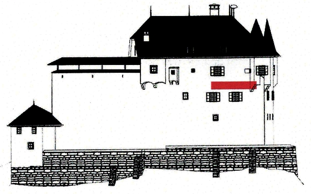 Schloss Lengberg, Ansicht von Westen mit Lage der Zwickelfüllungen (rot zwischen 1. und 2. O. Grafik: M. Schick, Innsbruck nach Fingernagl-Grüll/Hauser 2007)
