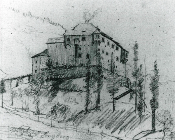Schloss Lengberg von Südwest - Franz Schweighöfer, Belistiftskizze, Mitte des 19. Jahrhunderts
