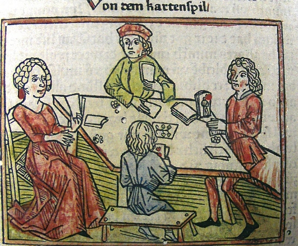 "Von dem Kartenspil" aus "Meister Ingold: Das Guldin Spil", Ausgabe Augsburg 1472, kolorierter Holzschnitt: deutsches Spielkartenmuseum Leinfelden-Echterdingen, Landesmuseum Württemberg; inv.-Nr.X1992-70II A