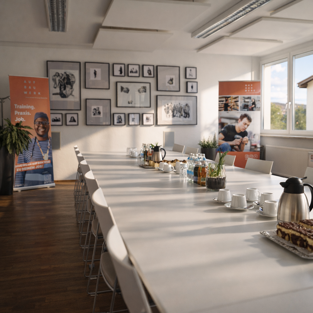 Ein Seminarraum mit gedeckten Tisch und vielen Stühlen